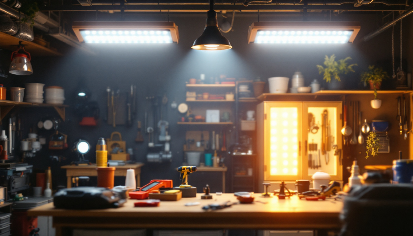 A photograph of a well-lit workshop or garage featuring 2x4 led shop lights in action