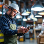 A photograph of a lighting contractor in a well-organized warehouse