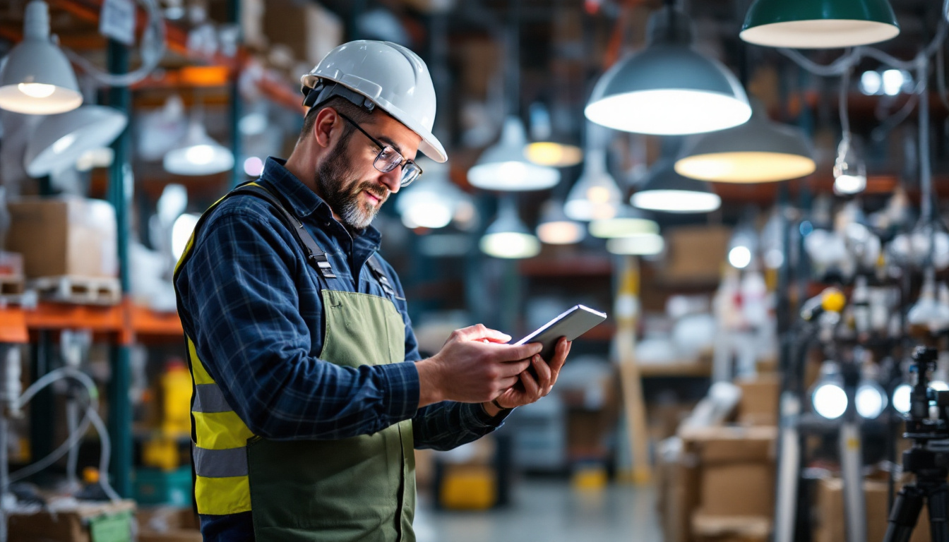 A photograph of a lighting contractor in a well-organized warehouse