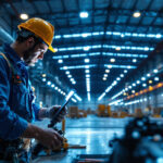 A photograph of a lighting contractor installing led outdoor warehouse lights