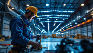 A photograph of a lighting contractor installing led outdoor warehouse lights