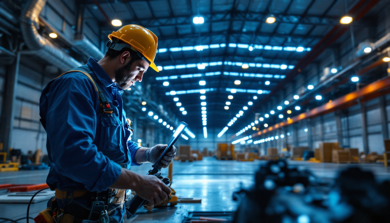 A photograph of a lighting contractor installing led outdoor warehouse lights