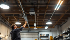 A photograph of a well-lit garage interior showcasing various ceiling light fixtures in use