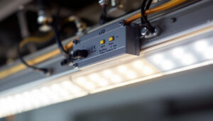A photograph of a close-up of a led light ballast installed in a modern lighting fixture