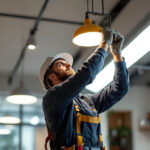 A photograph of a lighting contractor expertly installing or adjusting a modern lighting fixture in a well-lit space