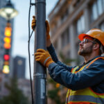 A photograph of a lighting contractor installing or inspecting a commercial light pole in an urban setting