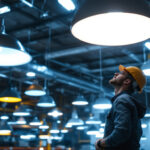 A photograph of a well-lit industrial workspace featuring various types of lighting fixtures in use