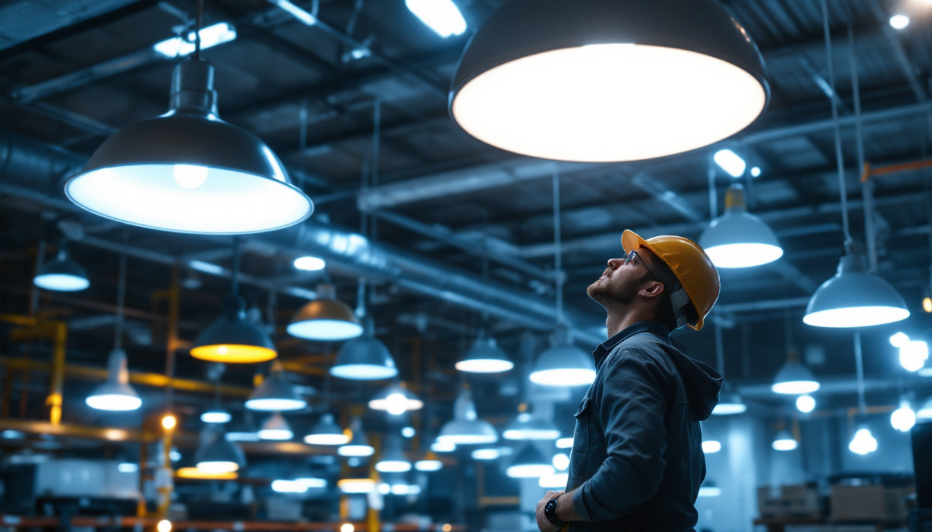 A photograph of a well-lit industrial workspace featuring various types of lighting fixtures in use