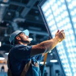 A photograph of a lighting contractor installing or adjusting a large led fixture in a commercial setting