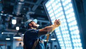 A photograph of a lighting contractor installing or adjusting a large led fixture in a commercial setting