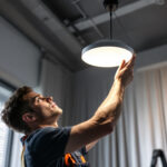 A photograph of a lighting contractor expertly installing a sleek drop ceiling lamp in a modern interior space