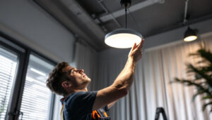 A photograph of a lighting contractor expertly installing a sleek drop ceiling lamp in a modern interior space