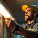 A photograph of a lighting contractor expertly replacing a fluorescent tube with an led replacement bulb in a commercial setting