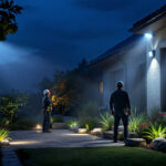 A photograph of a well-lit outdoor space showcasing solar exterior flood lights in action