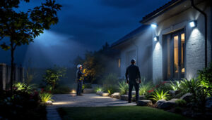 A photograph of a well-lit outdoor space showcasing solar exterior flood lights in action