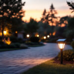 A photograph of a beautifully illuminated solar-powered driveway lamp in a residential setting at dusk