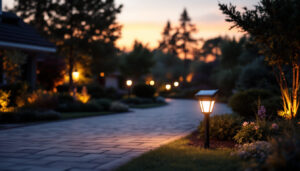 A photograph of a beautifully illuminated solar-powered driveway lamp in a residential setting at dusk