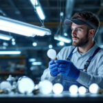 A photograph of a lighting contractor working with a variety of fluorescent light bulbs in a well-lit workshop