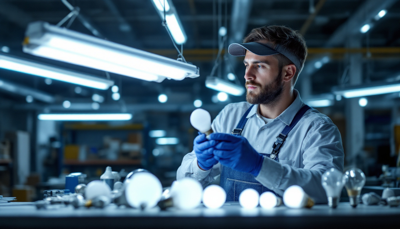 A photograph of a lighting contractor working with a variety of fluorescent light bulbs in a well-lit workshop