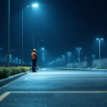 A photograph of a well-lit parking lot featuring modern led lamps