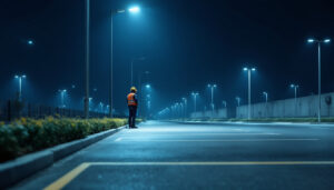 A photograph of a well-lit parking lot featuring modern led lamps