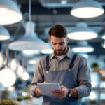 A photograph of a lighting contractor examining an array of affordable light fixtures in a well-lit showroom
