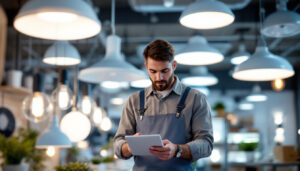 A photograph of a lighting contractor examining an array of affordable light fixtures in a well-lit showroom