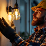 A photograph of a lighting contractor in action