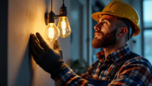 A photograph of a lighting contractor in action