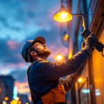 A photograph of a lighting contractor installing or adjusting commercial led outdoor lighting fixtures in a dynamic urban environment