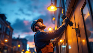 A photograph of a lighting contractor installing or adjusting commercial led outdoor lighting fixtures in a dynamic urban environment