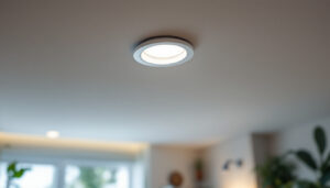 A photograph of a lighting contractor installing energy-efficient led recessed lights in a modern home setting