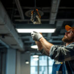 A photograph of a lighting contractor in action