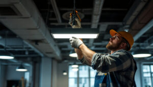 A photograph of a lighting contractor in action