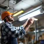 A photograph of a lighting contractor expertly installing or replacing a 4 ft fluorescent bulb in a well-lit workspace