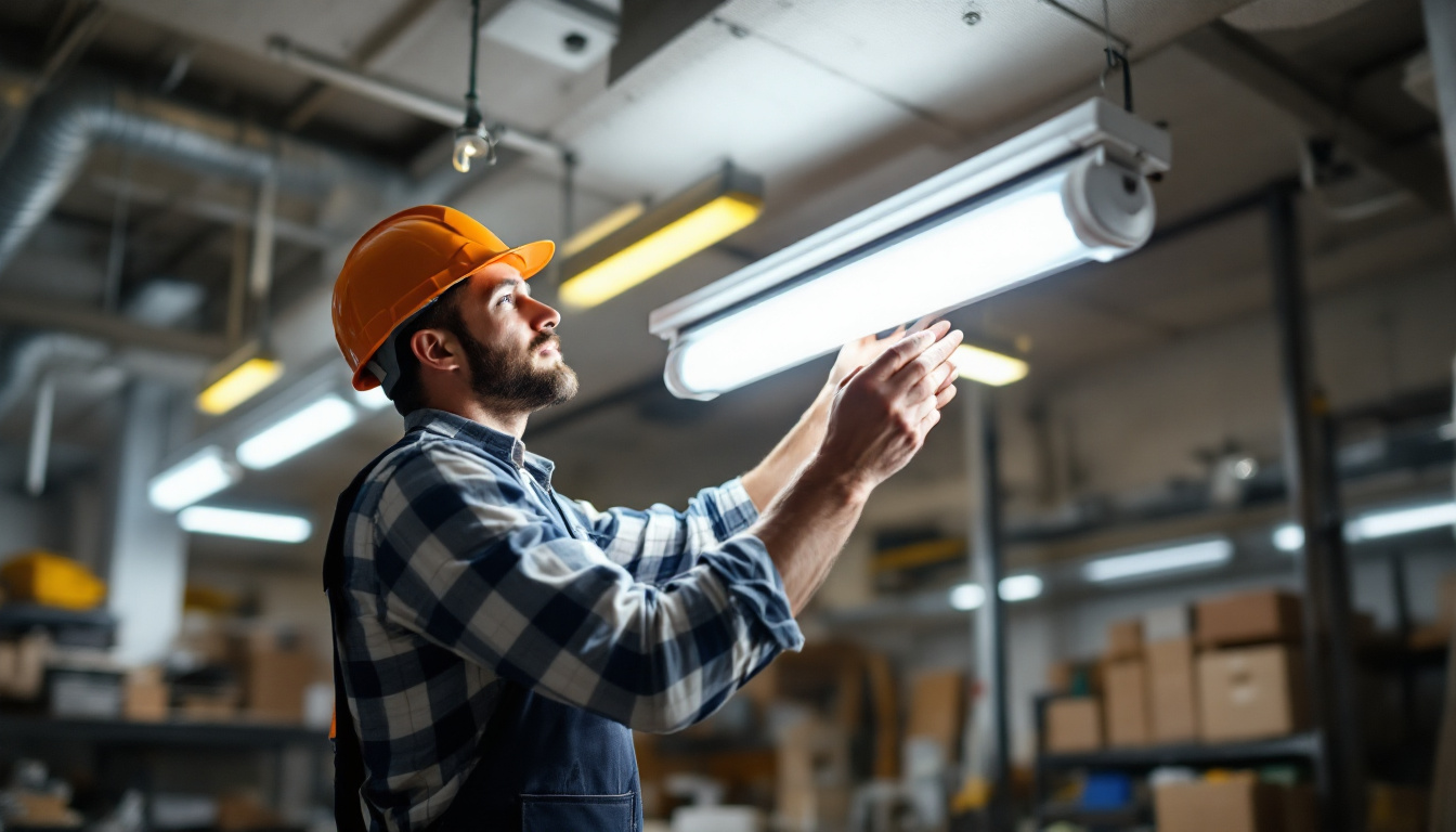 A photograph of a lighting contractor expertly installing or replacing a 4 ft fluorescent bulb in a well-lit workspace