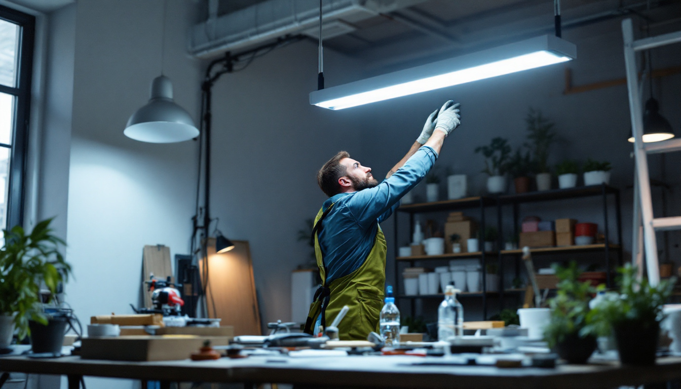 A photograph of a well-lit workspace featuring a 4-foot fluorescent light fixture in action