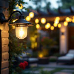 A photograph of a well-designed outdoor lighting fixture installed in a beautifully illuminated garden or patio setting
