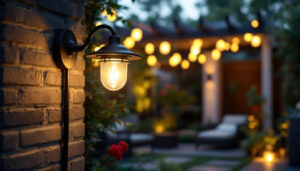 A photograph of a well-designed outdoor lighting fixture installed in a beautifully illuminated garden or patio setting