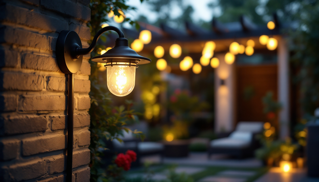 A photograph of a well-designed outdoor lighting fixture installed in a beautifully illuminated garden or patio setting
