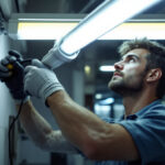 A photograph of a lighting contractor skillfully replacing a fluorescent tube with an led equivalent in a commercial setting