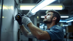 A photograph of a lighting contractor skillfully replacing a fluorescent tube with an led equivalent in a commercial setting