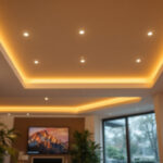 A photograph of a beautifully designed room featuring recessed light fixtures in the ceiling