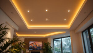 A photograph of a beautifully designed room featuring recessed light fixtures in the ceiling
