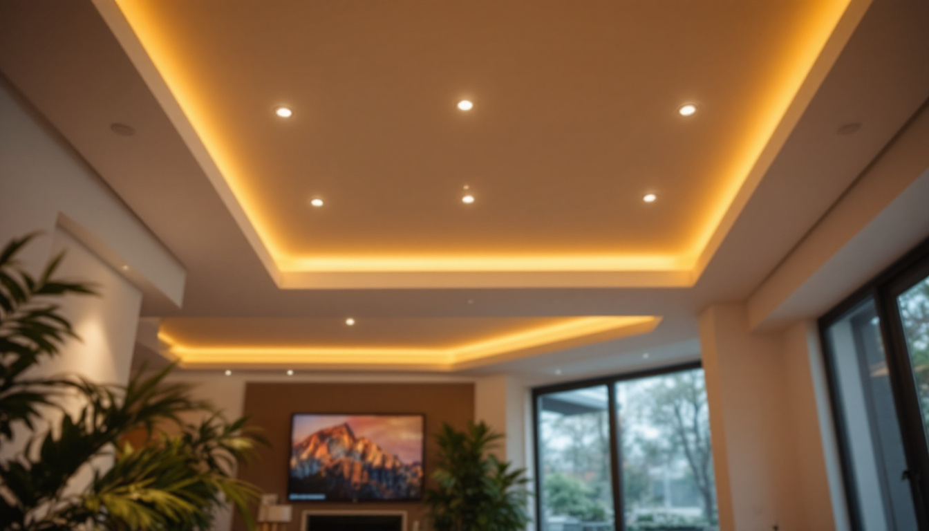 A photograph of a beautifully designed room featuring recessed light fixtures in the ceiling
