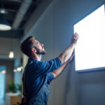 A photograph of a lighting contractor installing a 2x4 led panel in a modern commercial space