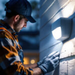 A photograph of a lighting contractor installing a motion sensor in a residential setting