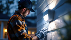 A photograph of a lighting contractor installing a motion sensor in a residential setting