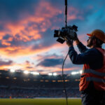 A photograph of a lighting contractor expertly installing or adjusting stadium lights during twilight