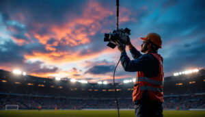 A photograph of a lighting contractor expertly installing or adjusting stadium lights during twilight